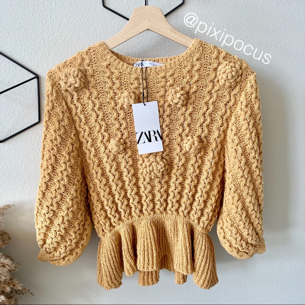 ZARA Embroidered Ruffle Sweater Orange NWT